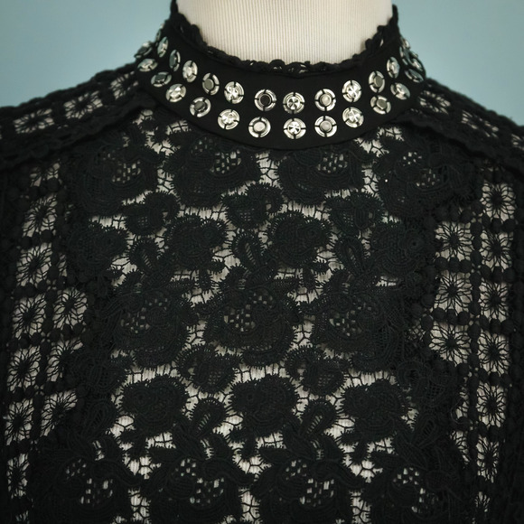 Rebecca Taylor Size 0 Black Floral Lace Studded Mock Neck Long Sleeve Top Blouse - Picture 2 of 6